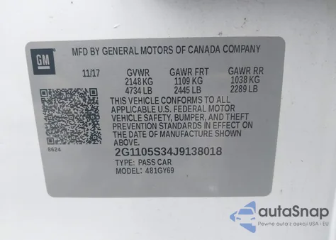 2018 Chevrolet Impala 1Lt from USA, damaged, VIN 2G1105S34J9138018